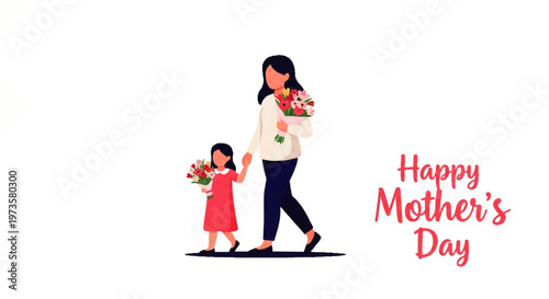 Vector flat design illustration of a mother and daughter holding flowers, celebrating Happy Mother's Day with love