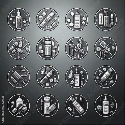 Collection of Vape Mods and E-Liquid Bottles Icons Set.
