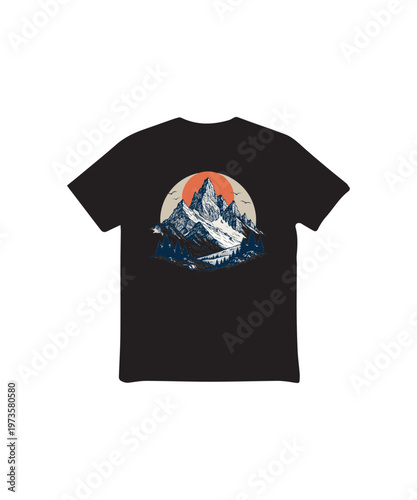 Vintage Mountain Landscape T-shirt Design with Retro Sun and Pine Trees