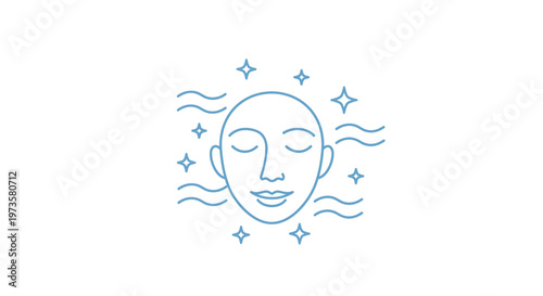 A serene face with closed eyes surrounded by wavy lines and stars.