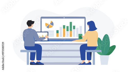 Business people, coworkers, teamwork, office work, data analysis, vector illustration