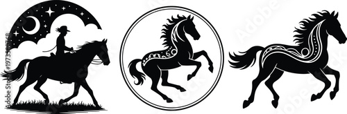 Horse silhouette illustration set, rider moon stars, rearing horse circle frame, galloping decorative figure art, black and white design