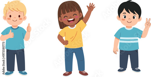Happy diverse children waving smiling cartoon kids illustration friendship multicultural group playful childhood characters isolated background flat vector design colorful