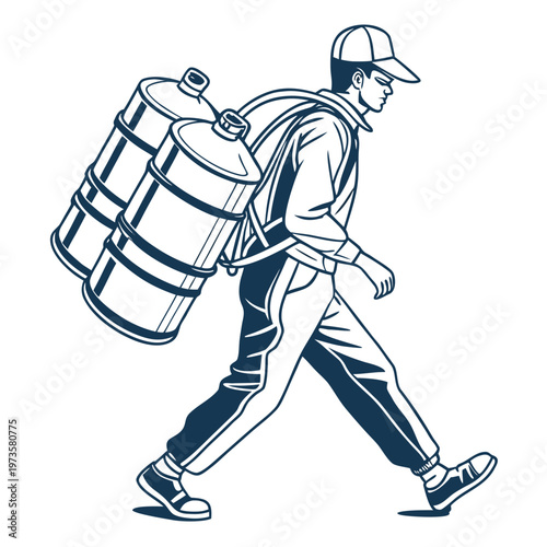 Man carrying two large containers on back walking backpack
