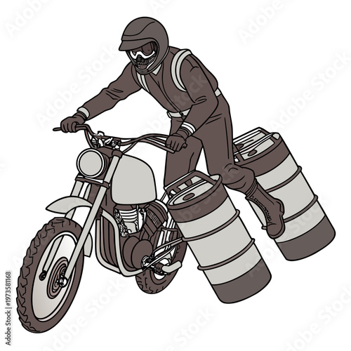 Colorful motorcycle rider with gas barrels helmet