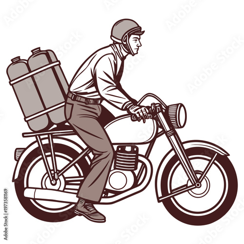 Brown motorcycle delivery rider with gas cylinders