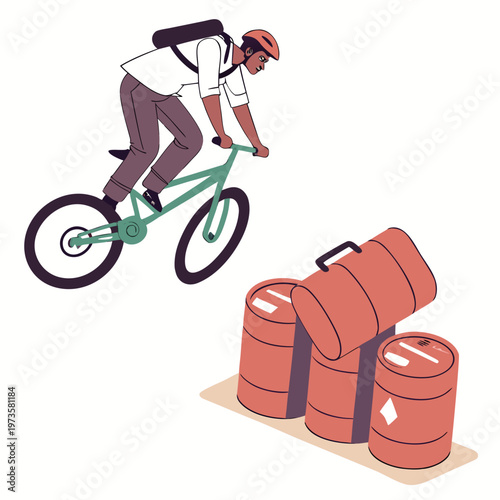 Bicycle delivery rider jumping over barrels helmet
