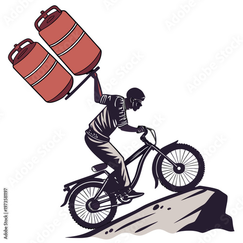 Bicycle rider carrying gas barrels helmet transportation