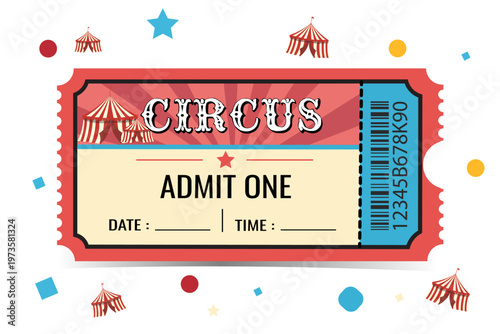 Circus ticket, admit one, vintage carnival, colorful illustration, vector graphics