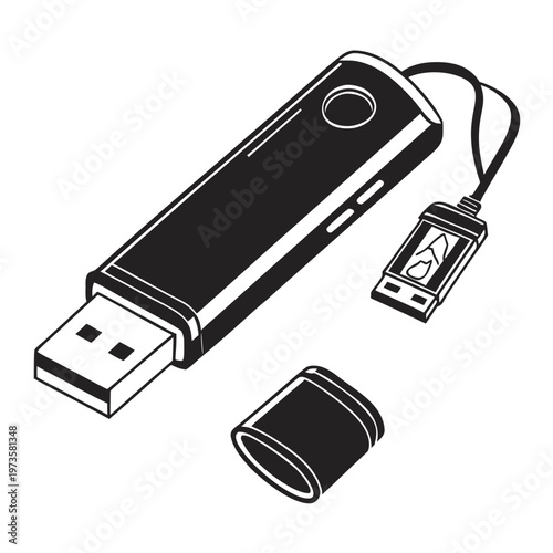USB flash drives, portable storage devices, black and white illustration, vector icons