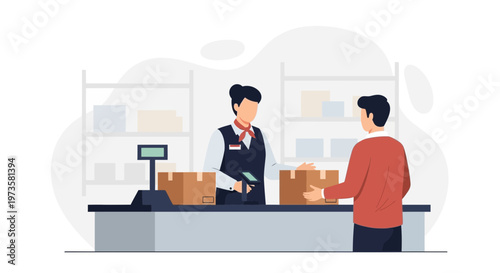 Customer sending package at post office counter with postal worker scanning parcel