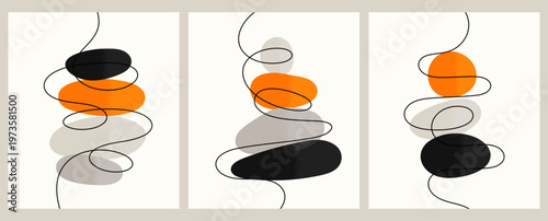 Minimalist abstract poster set featuring organic shapes, zen stones, and fluid line art, minimal modern continuous line in orange, black, and beige. vector wall art design