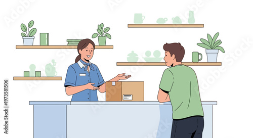 Customer service interaction at a counter with a package and shelves of goods