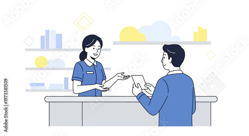Customer service interaction at a counter with a pharmacist or receptionist and a client