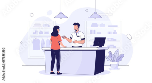 Customer Service Interaction at Retail Counter: Salesperson Assisting Shopper in Clothing Store