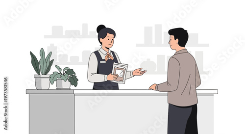 Customer Service Interaction: Retail Employee Assists Shopper at Counter with Plants
