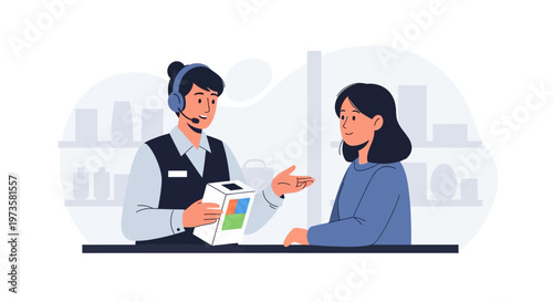 Customer service representative assisting a client with a product in a retail store.