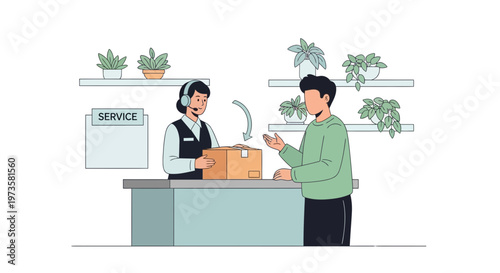 Customer service representative handing a package to a customer at a counter