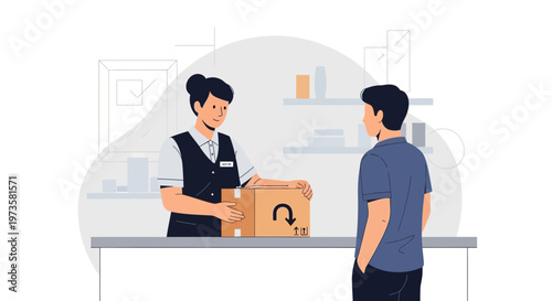 Customer Service Representative Helping a Man with a Package at a Counter