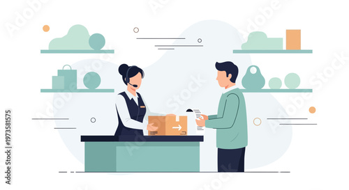 Customer Service Representative Helping Man With Package at Counter in Store