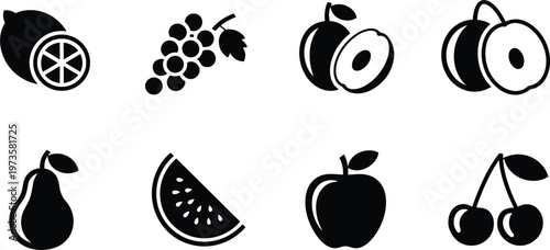 Set of fruit icons including lemon grapes peach plum pear watermelon apple and cherries in bold minimalist silhouette style