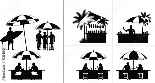 Black silhouettes of people under umbrellas at beach bars surfboard