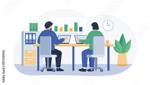 Office workers, business team, coworkers, desk, computer, vector illustration