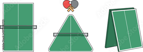 Table tennis equipment collection with ping pong tables and rackets, indoor sport game elements in clean vector illustration set