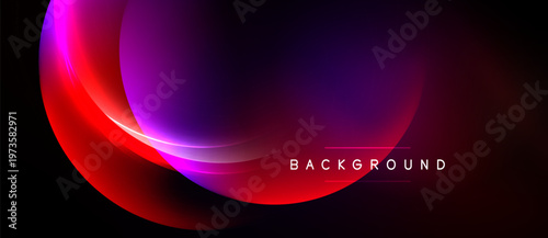Abstract design features vibrant curves, gradients. Dark background emphasizes colorful light effects, creating dynamic visual impact.