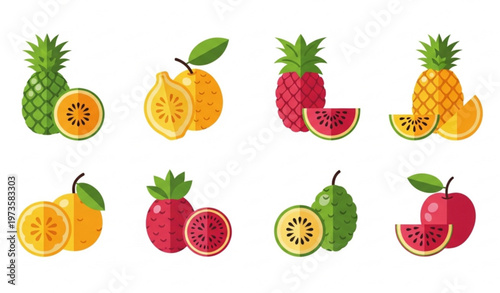Exotic Tropical Fruits Vector Icon Set – Fresh Organic Food Clipart Collection