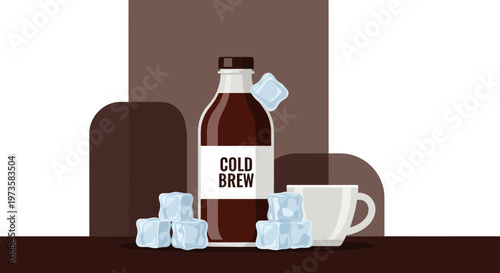 Cold Brew Coffee Bottle with Ice Cubes and Cup, Refreshing Beverage