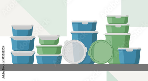 Colorful food storage containers on a shelf, organized kitchenware, plastic food boxes