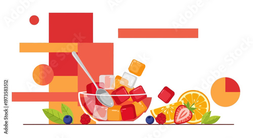 Colorful Fruit Salad Cubes with Berries and Orange Slices, Refreshing Summer Dessert