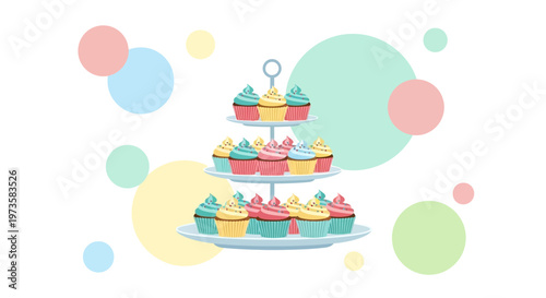 Colorful Cupcakes on a Tiered Stand with Pastel Circles Background
