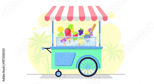 Colorful ice cream cart with various popsicles and fruits on a sunny day