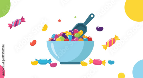 Colorful Jelly Beans and Candies in a Bowl with Scoop, Falling Sweets, Party Fun