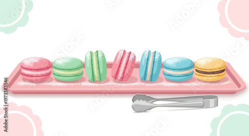 Colorful Macarons on a Pink Tray with Tongs, Sweet Dessert Assortment