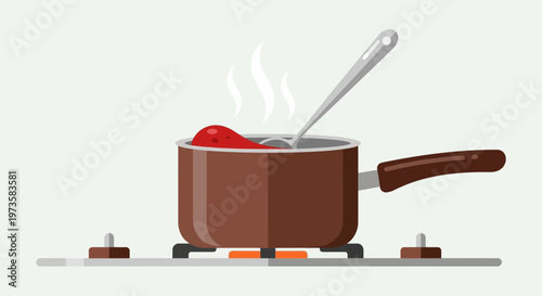 Cooking Sauce in Pot on Gas Stove with Steam Rising