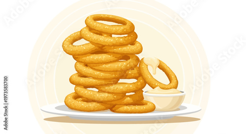 Crispy golden onion rings stacked high with a side of creamy dipping sauce on a white plate