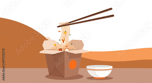 Cute Mice Eating Noodles from Takeout Box in Stylized Landscape