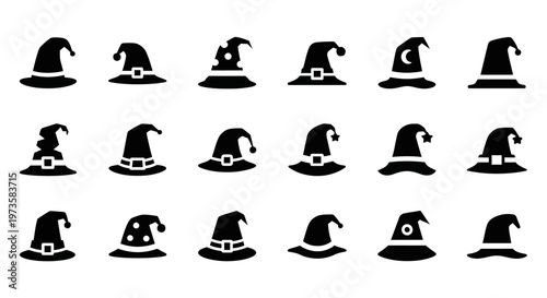 Black witch hats, Halloween icons, vector silhouettes, 20 witchcraft symbols, magic hat graphics