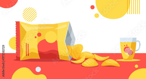 Crispy Potato Chips Spilling from Yellow Bag Next to Refreshing Drink, Flat Design