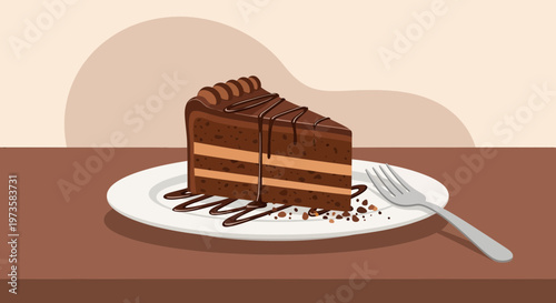 Decadent Chocolate Cake Slice with Drizzle and Crumbs on a Plate with Fork