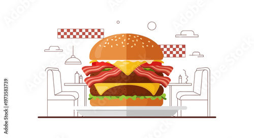 Delicious Bacon Cheeseburger with Melted Cheese and Fresh Lettuce in a Diner Setting