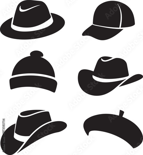 Black hat icons, vector hats, caps and cowboy hats, headwear silhouettes, fashion accessories