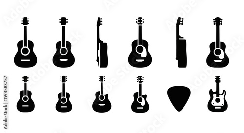 Guitar icons, acoustic guitar set, electric guitar collection, black music symbols, vector illustrations