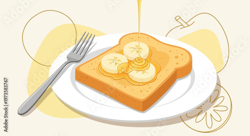 Delicious Banana Toast with Honey Drizzle on a Plate with Fork, Healthy Breakfast Food Illustration