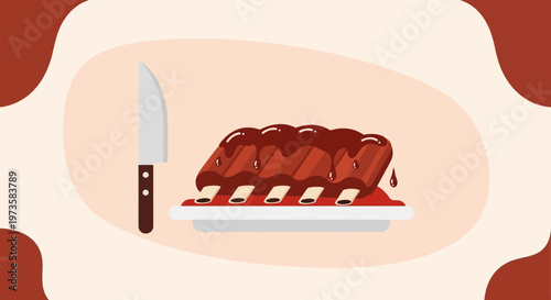 Delicious BBQ Ribs Glazed with Sauce on a Plate with a Knife, Ready to Eat