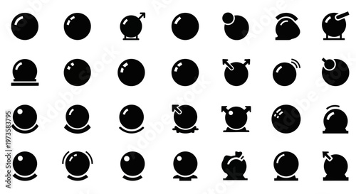 Black globe icons, world map symbols, spherical graphics, 25 globe illustrations, vector set