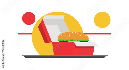 Delicious Burger in Open Red Takeout Box on Tray, Abstract Background